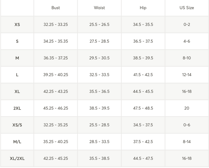 A size chart table showing measurements for Bust, Waist, Hip, and US Size, with labels forXS, S, M, L, XL, 2XL, XS/S, M/L, and XL/2XL.