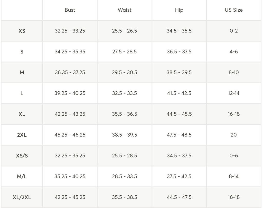 A size chart table showing measurements for Bust, Waist, Hip, and US Size, with labels from XS to XL/2XL.