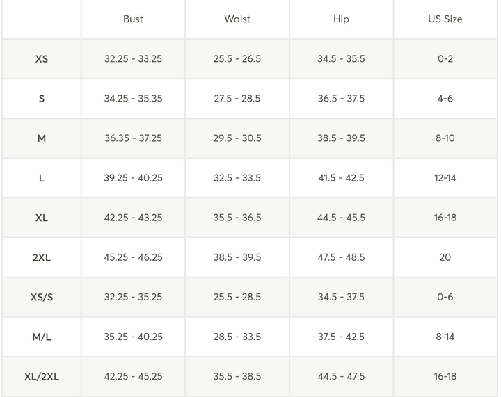A size chart table showing measurements for Bust, Waist, Hip, and US Size, with labels from XS to XL/2XL.