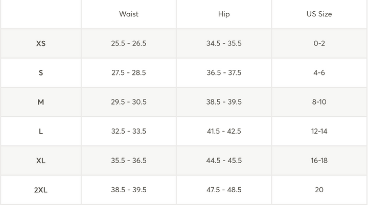 A size chart table showing waist, hip, and US size ranges forXS, S, M, L, XL, and 2XLL.