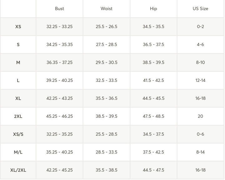 A size chart table showing measurements for Bust, Waist, Hip, and US Size acrossXS, S, M, L, XL, 2XL, XS/S, M/L, and XL/2XL categories.