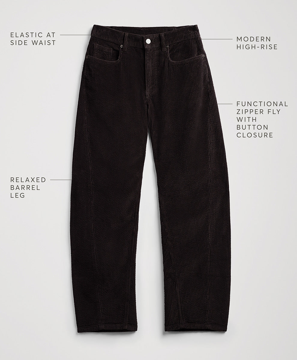 Espresso corduroy pants laid flat on a light gray background with text callouts describing features like elastic at the side waist, modern high-rise, and relaxed barrel leg.