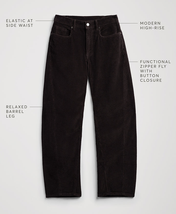 Espresso corduroy pants laid flat on a light gray background with text callouts describing features like elastic at the side waist, modern high-rise, and relaxed barrel leg.