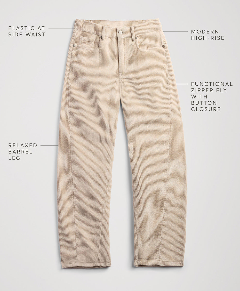 Parchment corduroy pants laid flat on a light gray background with text callouts describing features like elastic at the side waist, modern high-rise, and a relaxed barrel leg.