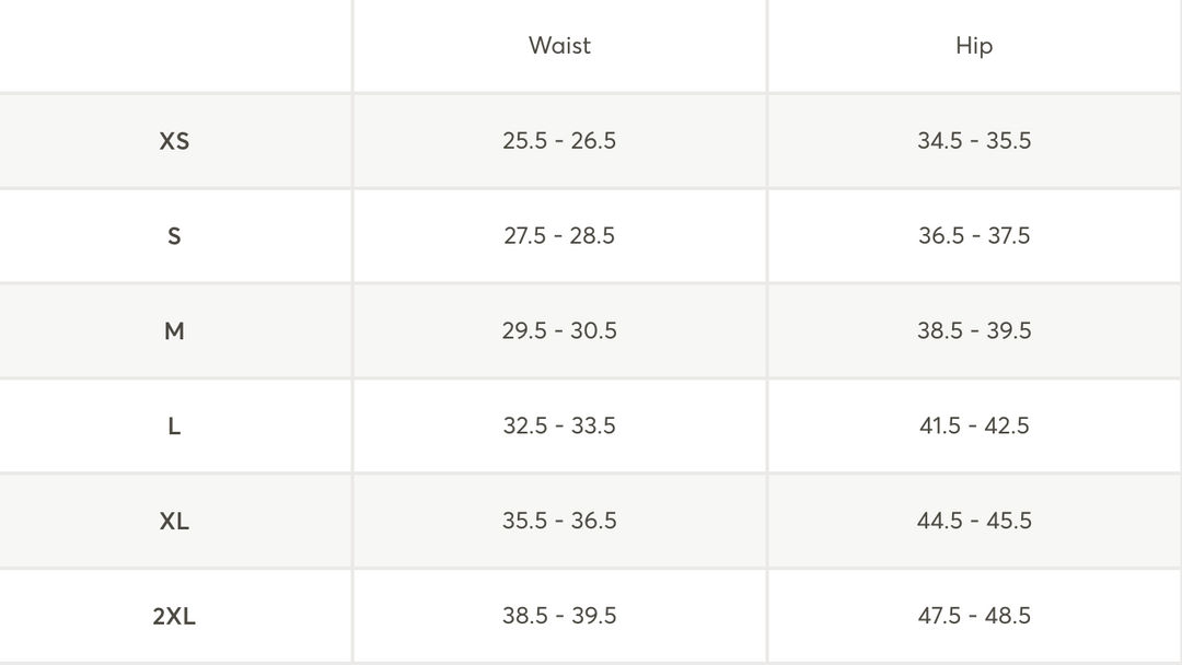 A size chart table showing waist and hip measurements by size: XS, S, M, L, XL, and 2XL.