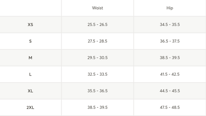 A size chart table showing waist and hip measurements by size: XS, S, M, L, XL, and 2XL.