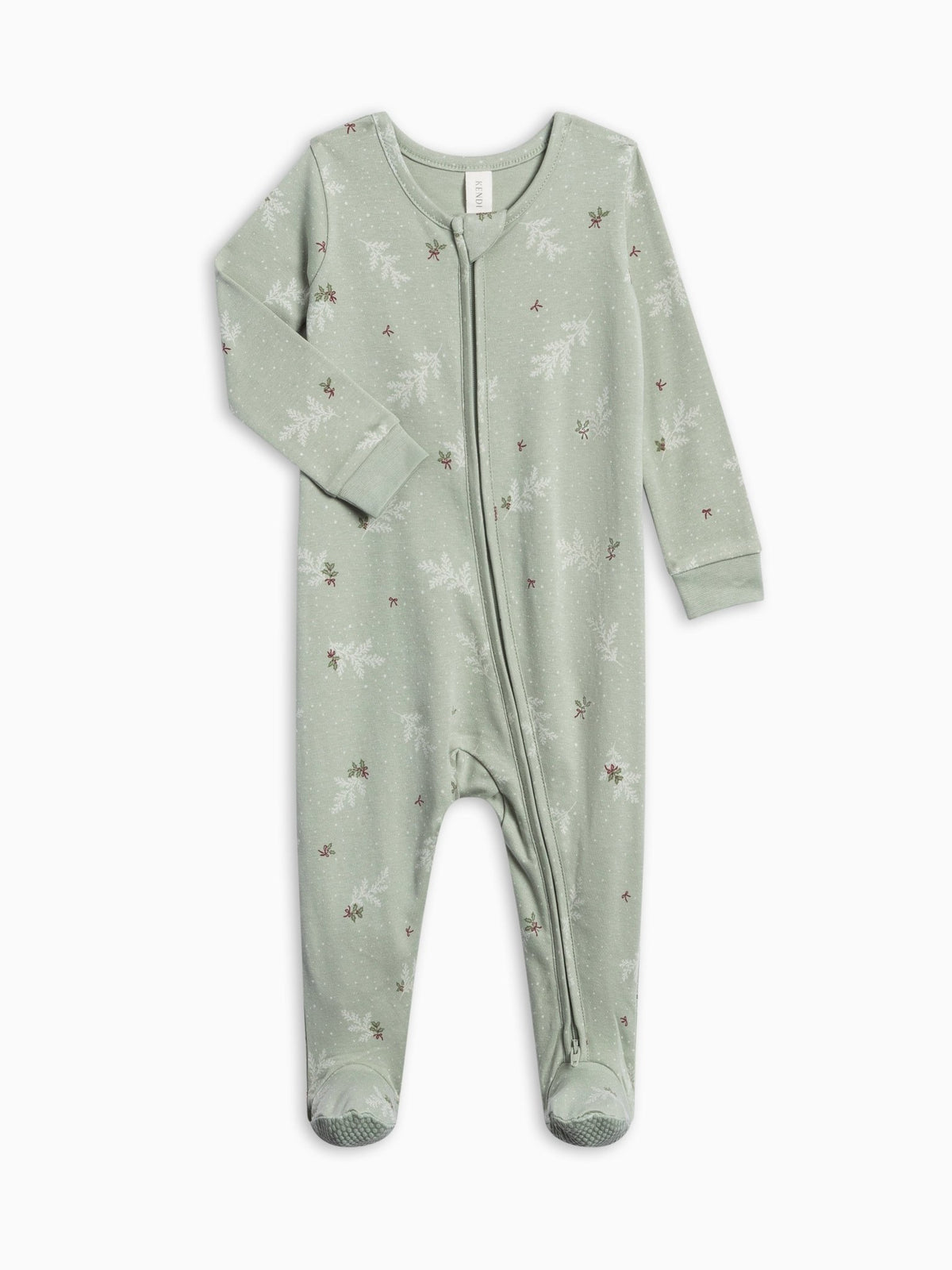 A baby footed one-piece sleeper in sage green with a delicate white and brown floral pattern, shown flat on a white background.