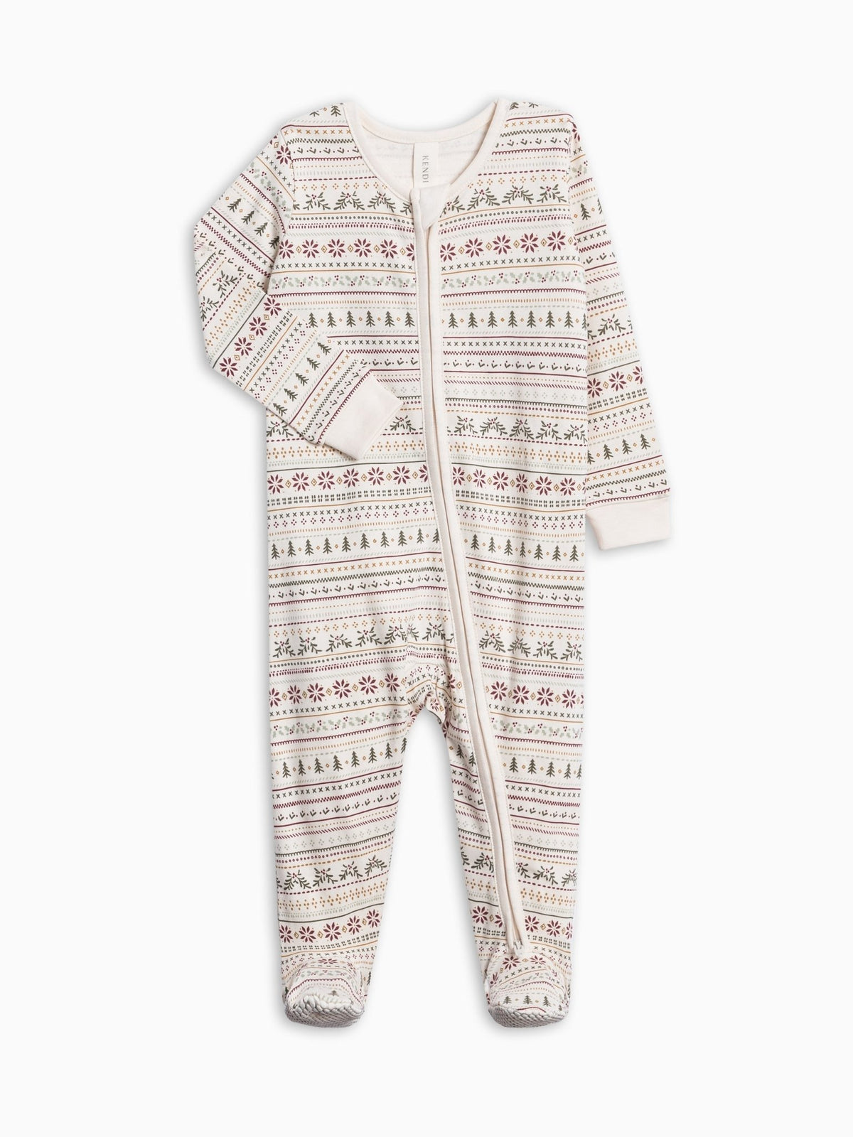 A baby's long-sleeve footed sleeper with an all-over Fair Isle pattern in cream, brown, and muted red, shown flat on a white background.