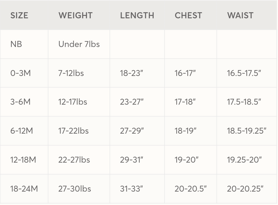 A size chart table with columns for SIZE, WEIGHT, LENGTH, CHEST, and WAIST, listing weight and measurement ranges for sizes NB, 0-3M, 3-6M, 6-12M, 12-18M, and 18-24M.