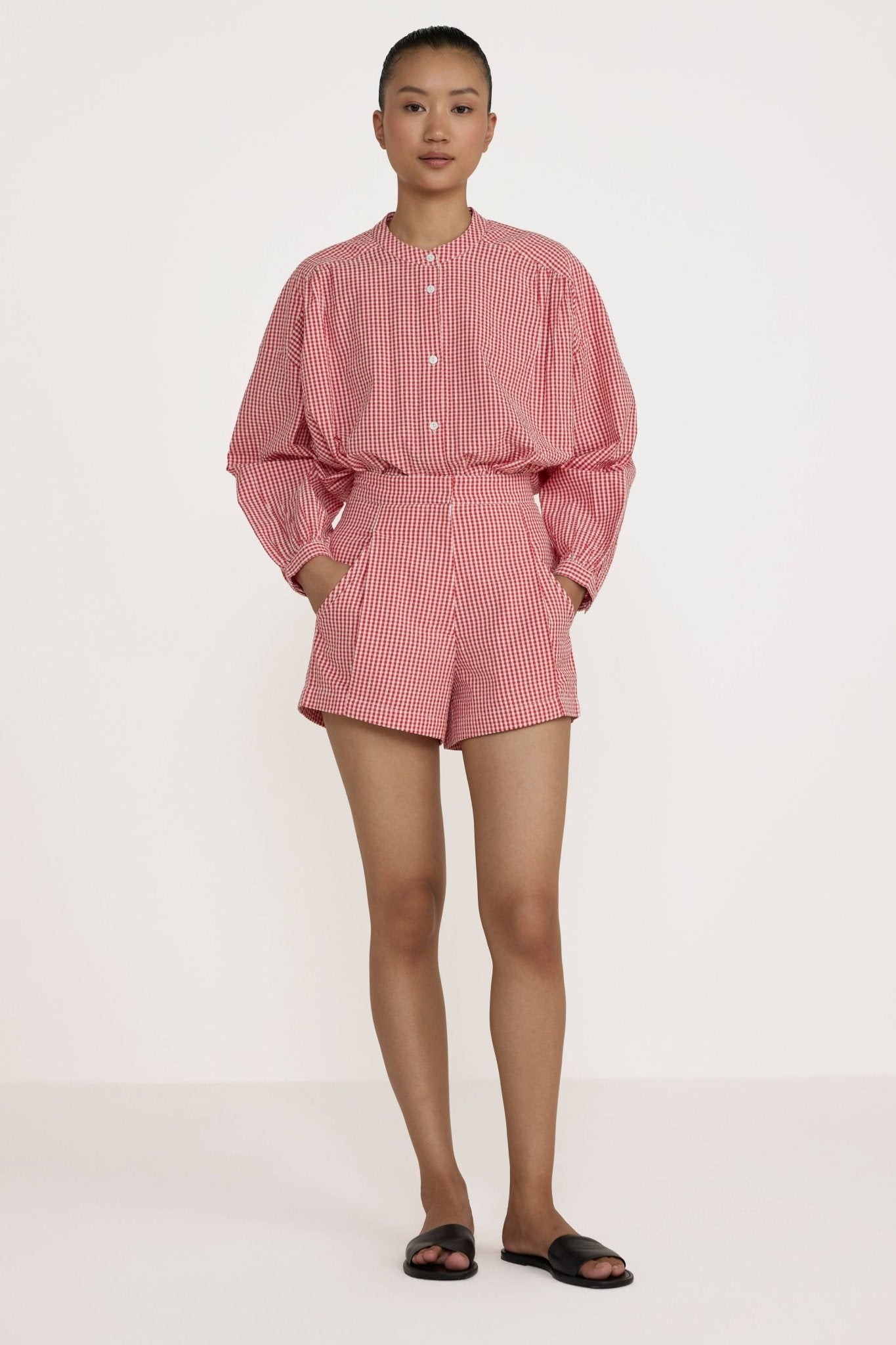 Pleated Tailored Shorts | Poppy Gingham - Echo Market