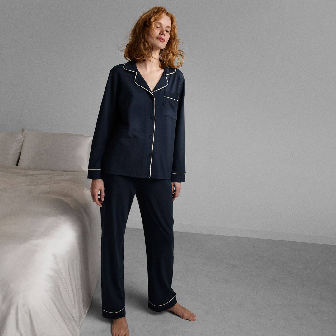 Pre - Order | Slumberknit™ Essential Button Down Pant Set | Deep Blue/Swan White - Echo Market