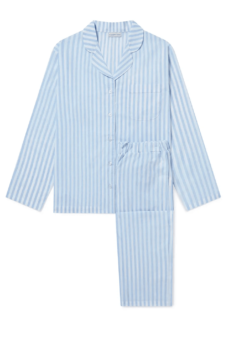 Pre - Order | Women's Traditional Pajama Set | Blue Linen Stripe - Echo Market