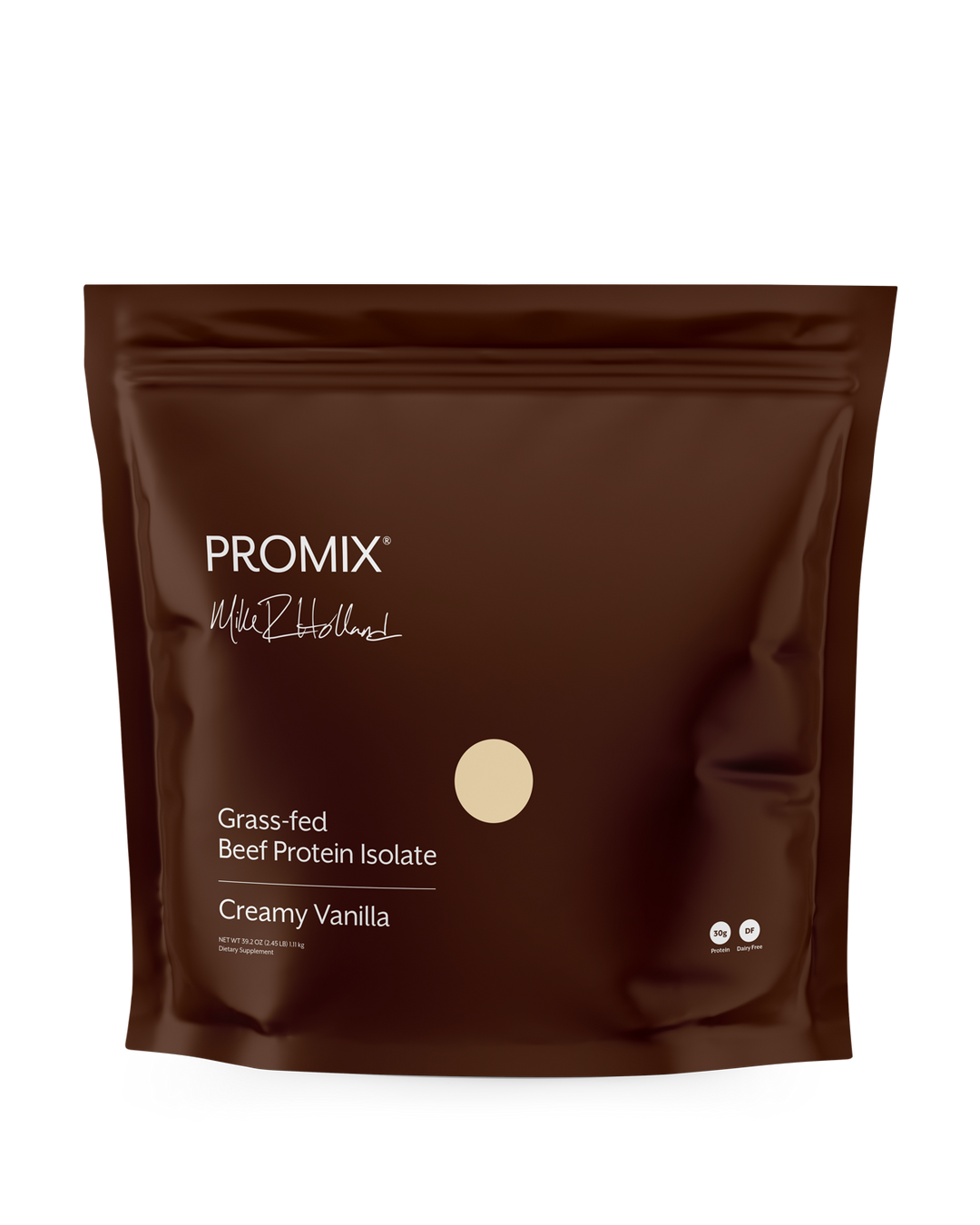 A dark brown stand-up pouch of PROMIX  Grass-fed Beef Protein Isolate in Creamy Vanilla flavor, shown on a clean white background.