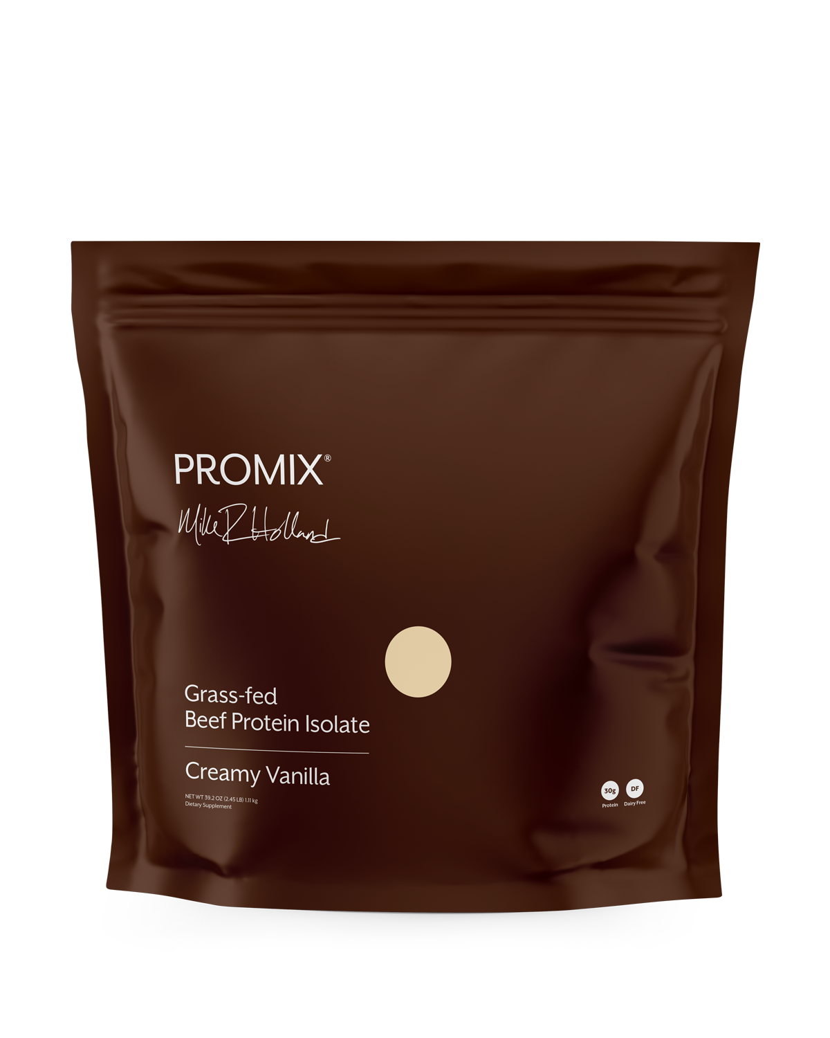 A dark brown stand-up pouch of PROMIX  Grass-fed Beef Protein Isolate in Creamy Vanilla flavor, shown on a clean white background.