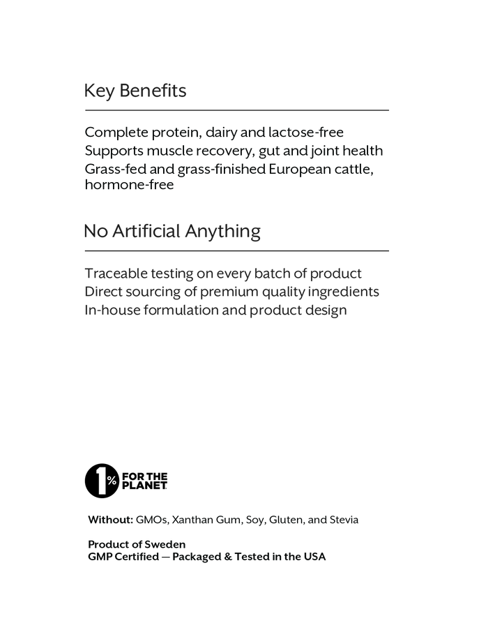 A white document page with black text outlining key benefits, including complete protein, lactose-free formulation, muscle recovery support, grass-fed cattle, hormone-free status, and no artificial ingredients. A logo for &