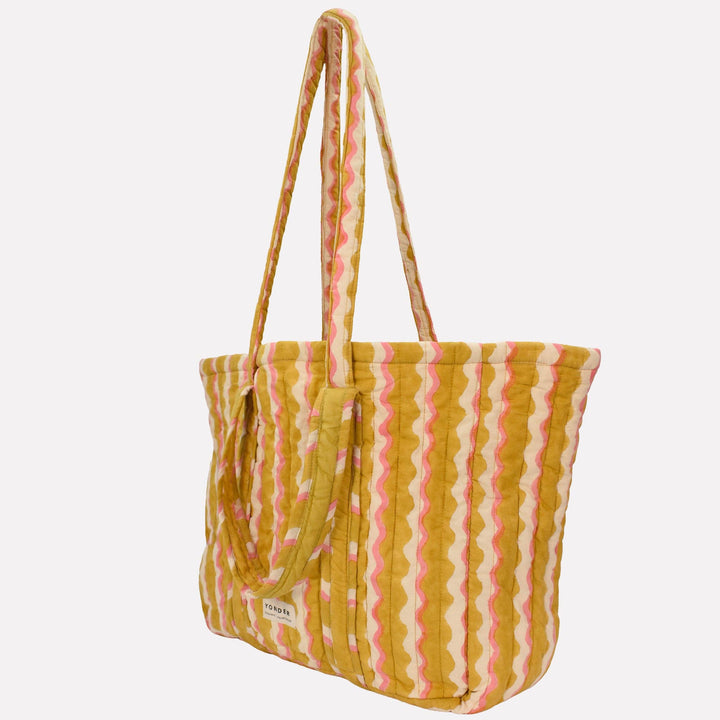 Yonder Quilted Carry All | Wiggle | Honey Striped tote bag with pink and yellow pattern on a white background