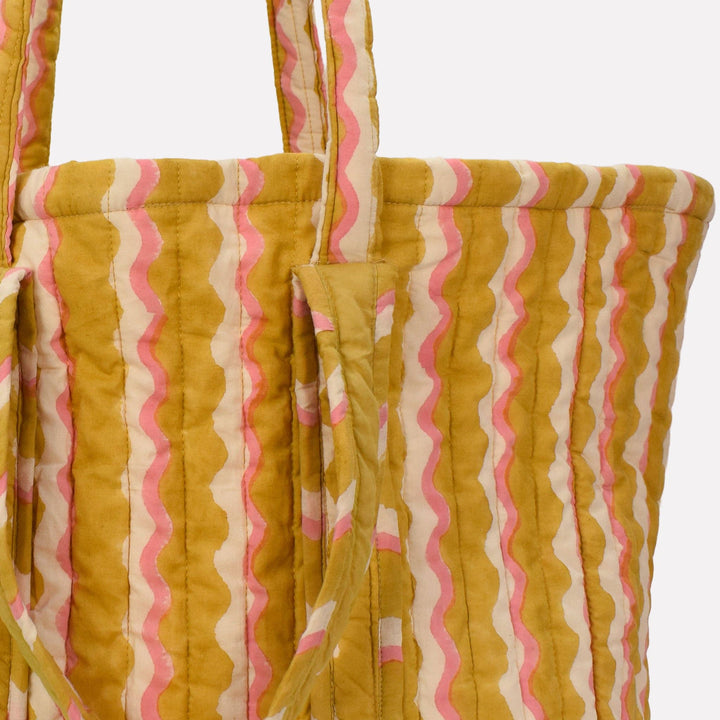 Yonder Quilted Carry All | Wiggle | Honey Striped tote bag with pink and yellow pattern on a white background