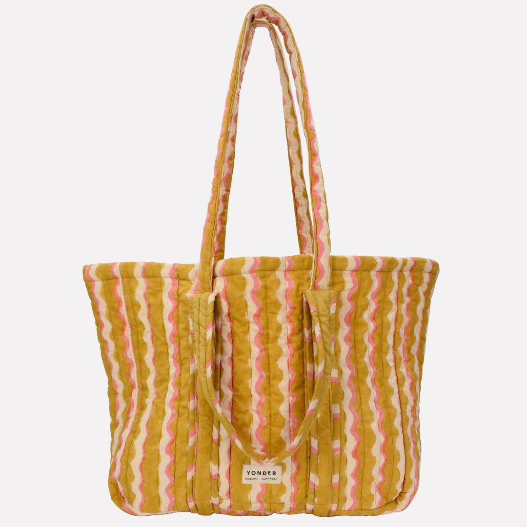 Yonder Quilted Carry All | Wiggle | Honey Striped tote bag with pink and yellow pattern on a white background