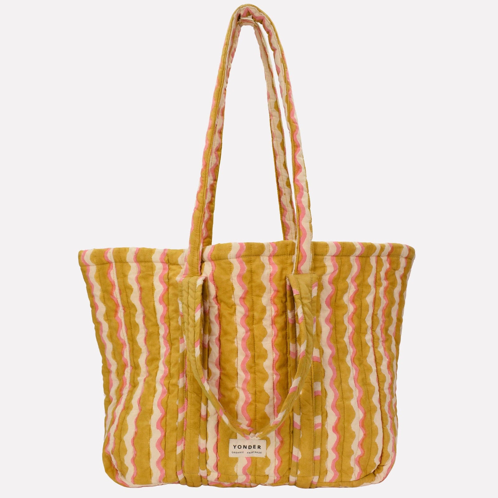 Yonder Quilted Carry All | Wiggle | Honey Striped tote bag with pink and yellow pattern on a white background