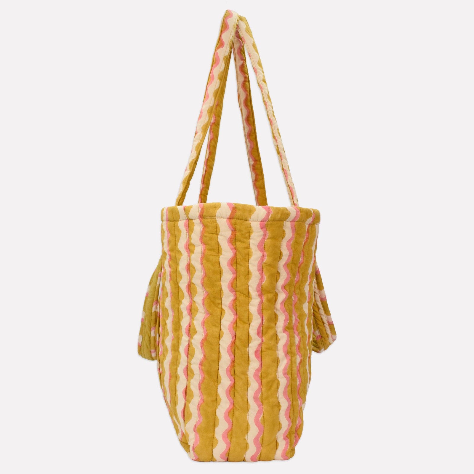 Yonder Quilted Carry All | Wiggle | Honey Striped tote bag with pink and yellow pattern on a white background