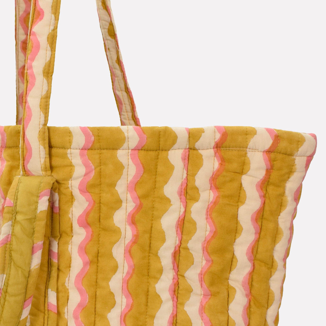 Yonder Quilted Carry All | Wiggle | Honey Striped tote bag with pink and yellow pattern on a white background