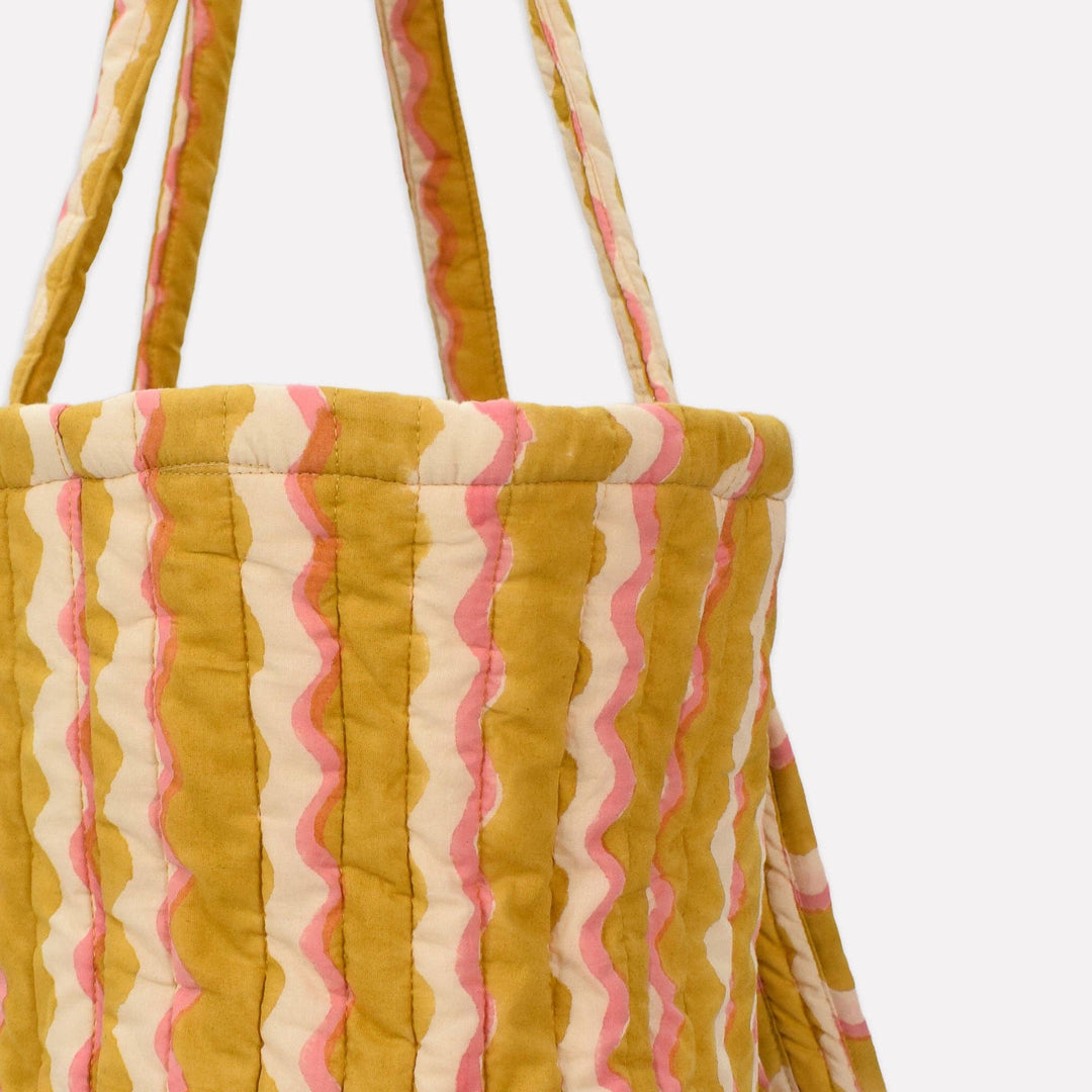 Yonder Quilted Carry All | Wiggle | Honey Striped tote bag with pink and yellow pattern on a white background