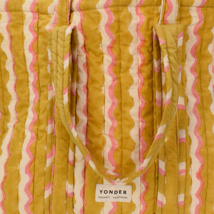 Yonder Quilted Carry All | Wiggle | Honey Striped tote bag with pink and yellow pattern on a white background