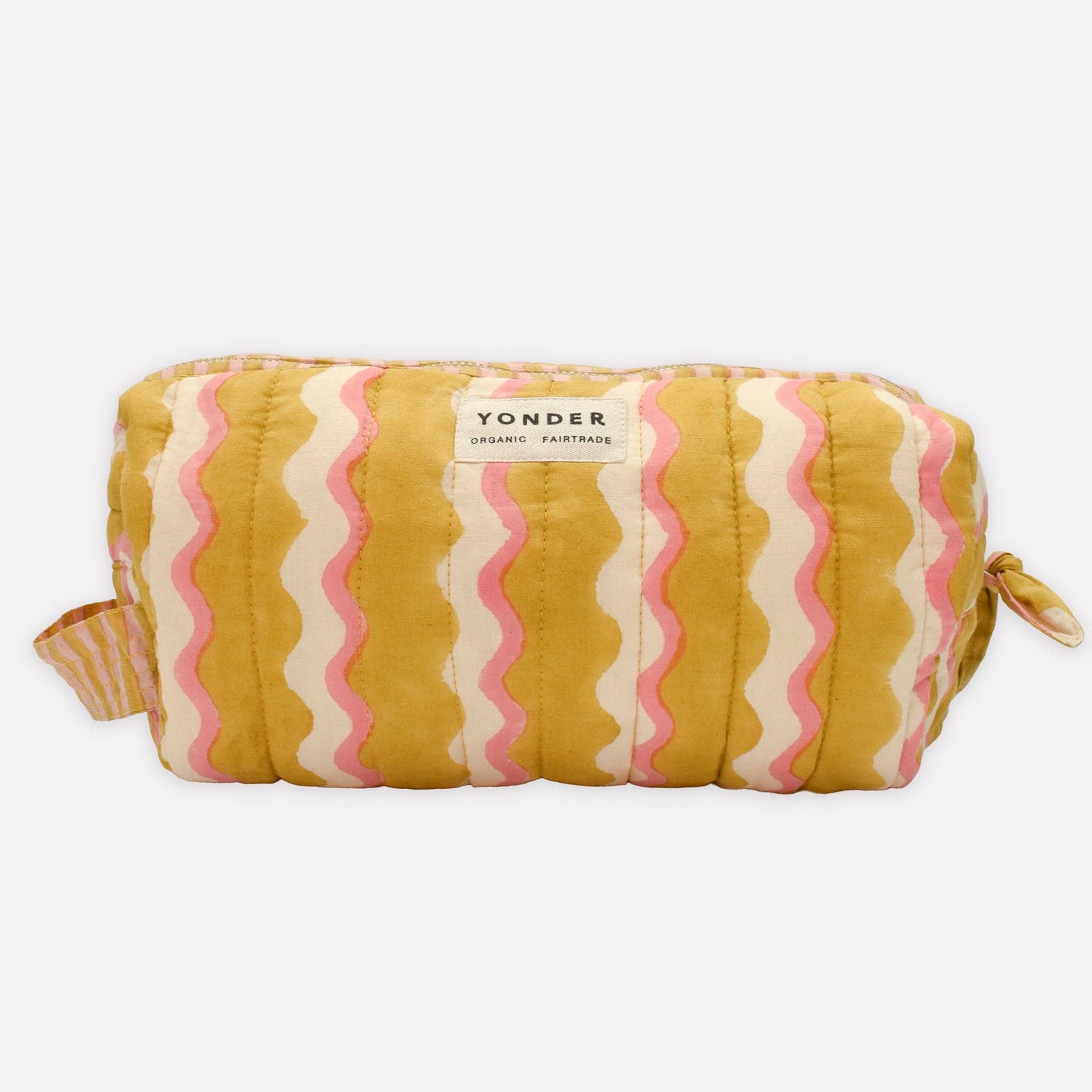 Striped pouch with pink and yellow pattern on a white background