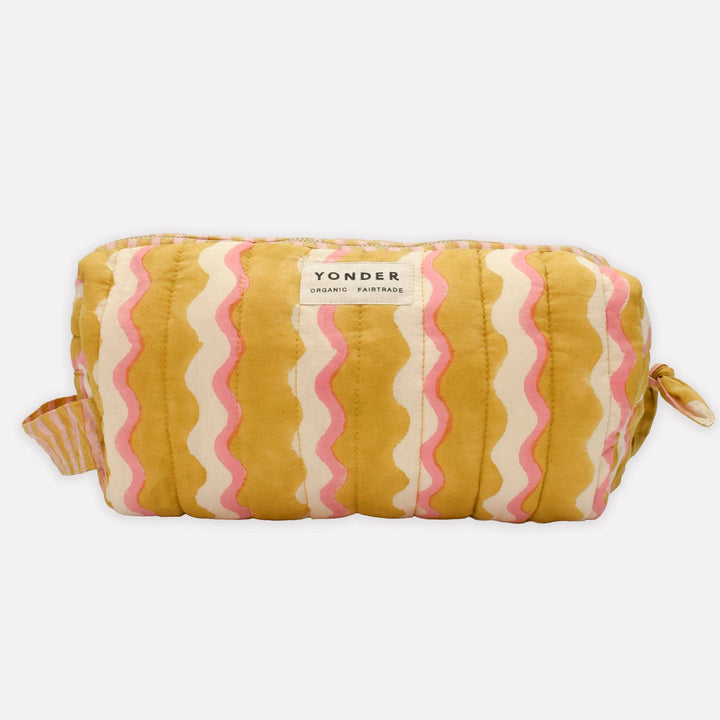 Striped pouch with pink and yellow pattern on a white background