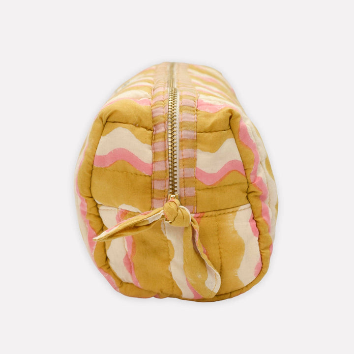 Round pouch with a zipper, featuring a yellow and pink pattern on a white background