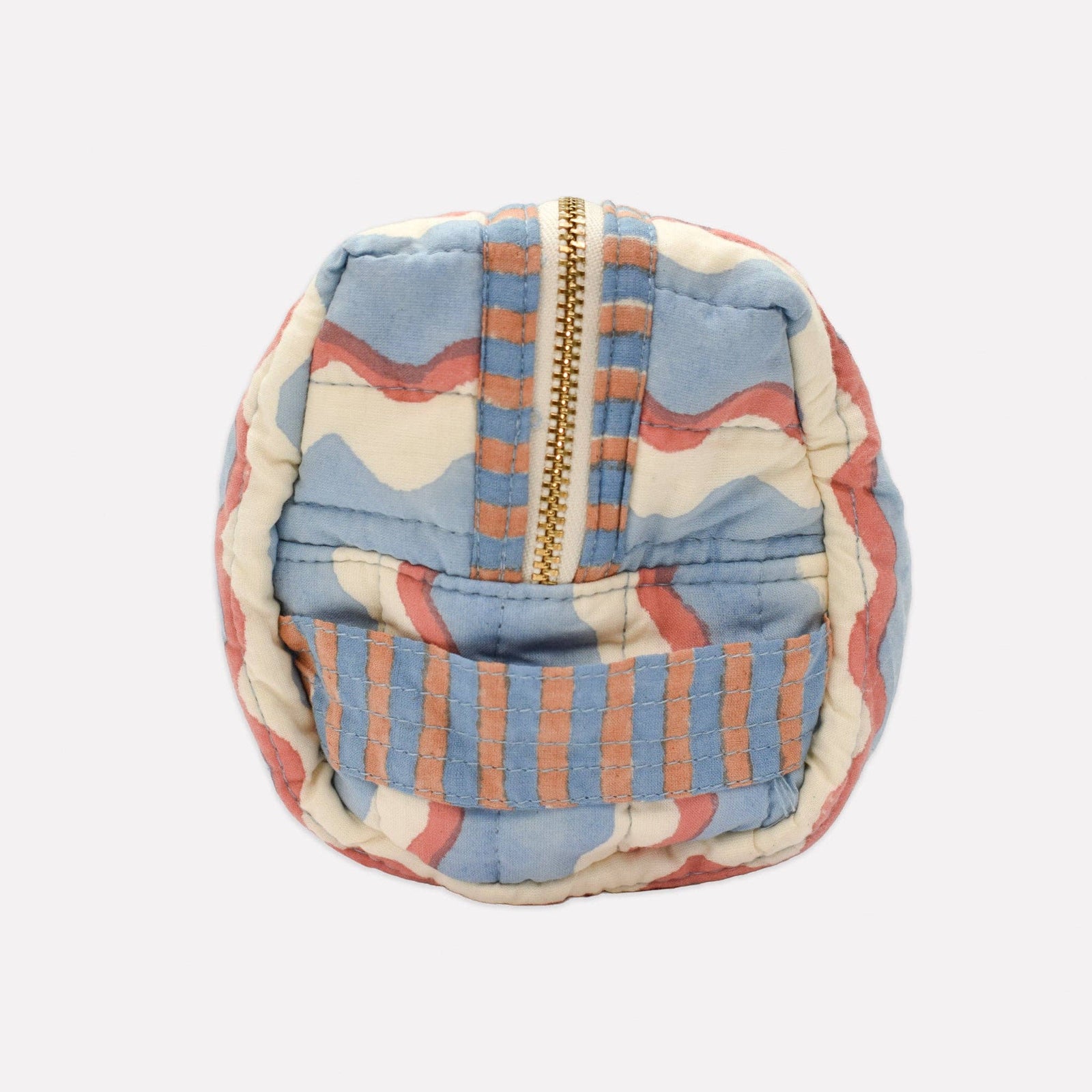 Striped fabric pouch with a gold zipper on a white background