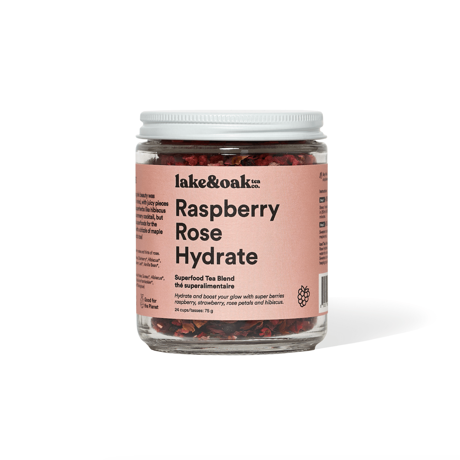 Jar of lake&oak Raspberry Rose Hydrate tea blend on a white background