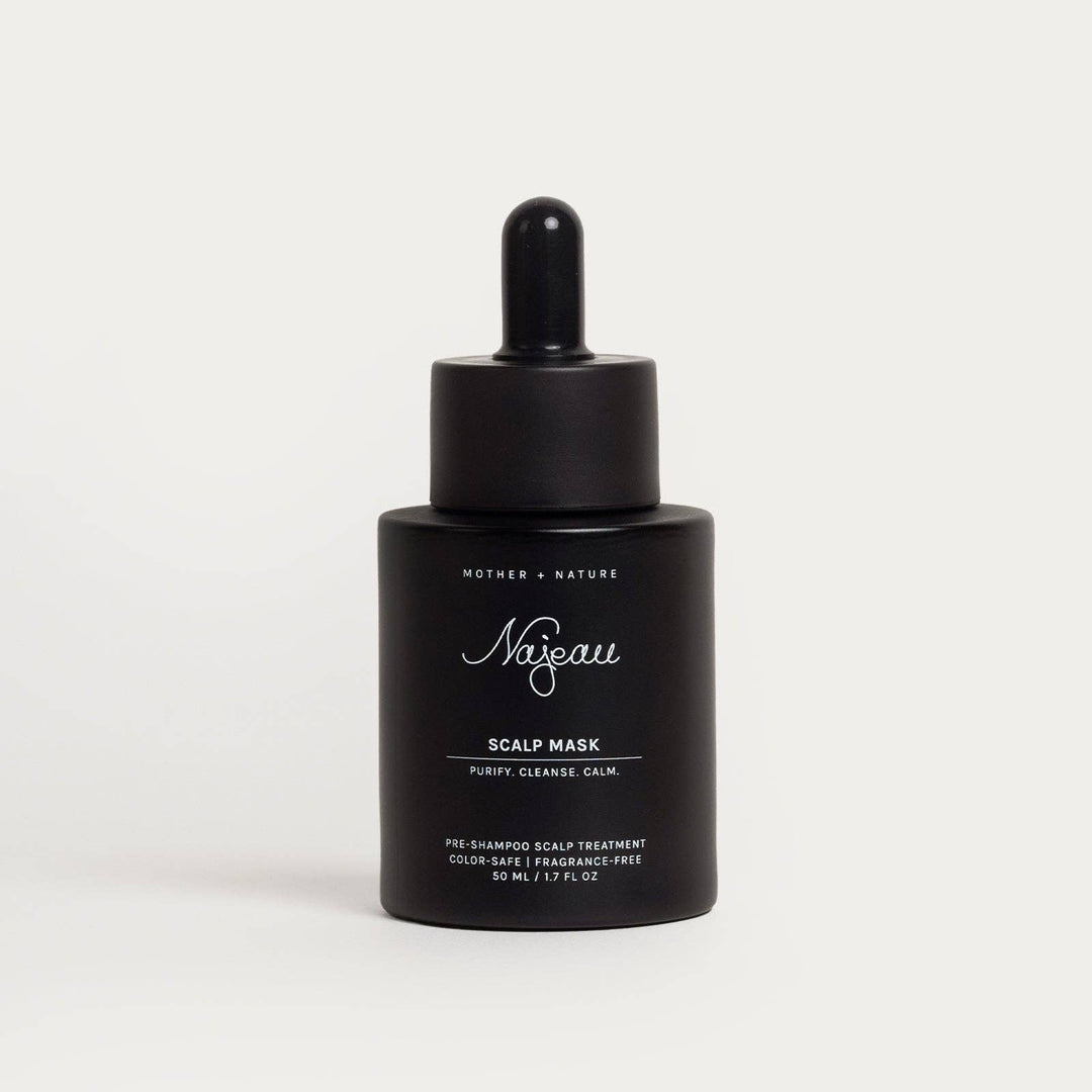Black bottle of Najeau Scalp Mask on a light gray background
