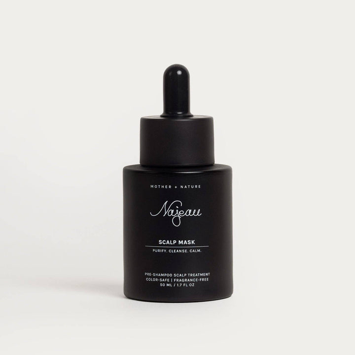 Black bottle of Najeau Scalp Mask on a light gray background