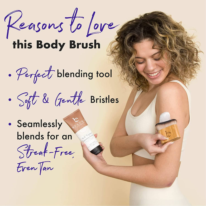 Woman using a Self Tanner Blending Body Brush with text highlighting its benefits on a beige background