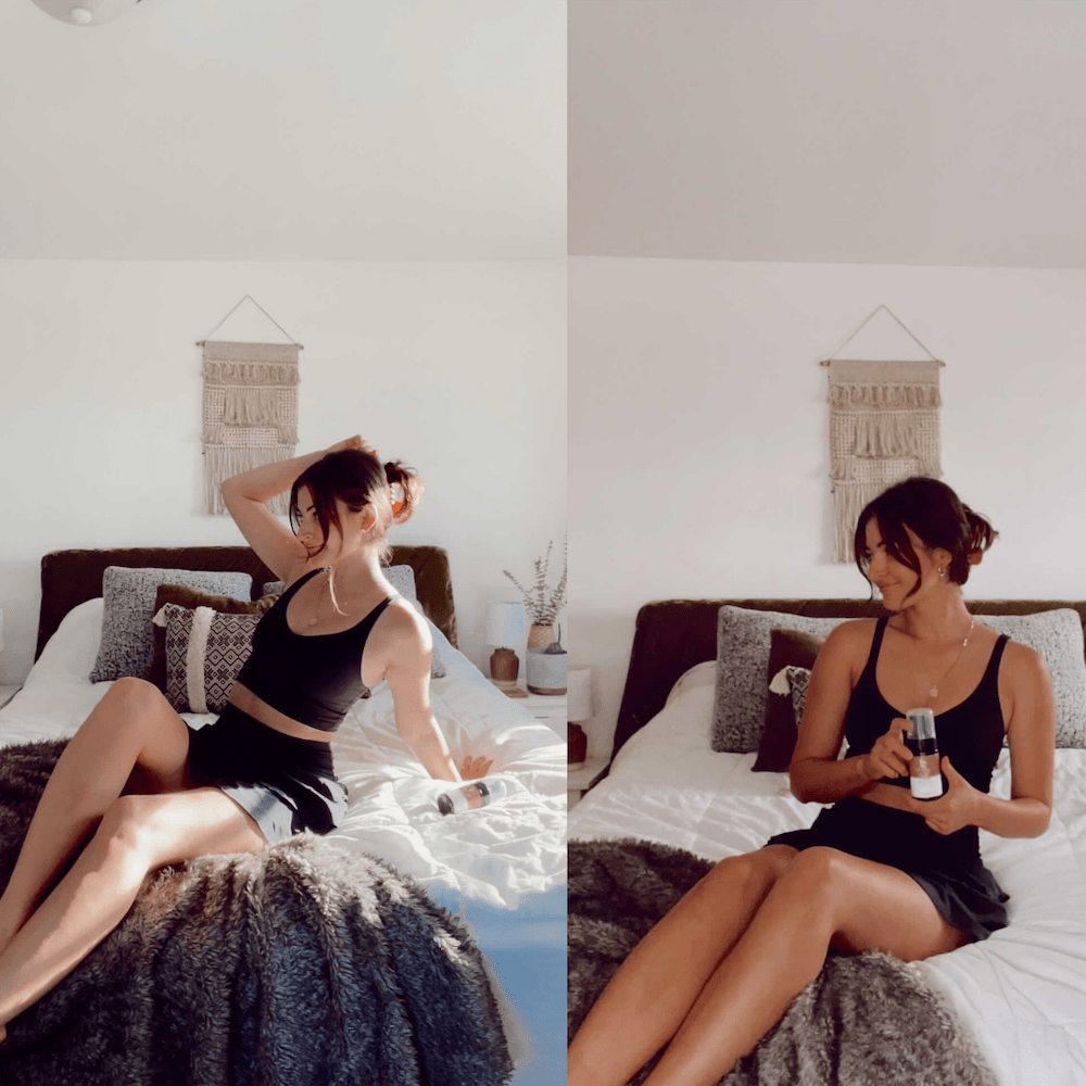 Two images of a woman sitting on a bed, one with a self tanner applied and the other without, in a bedroom setting.