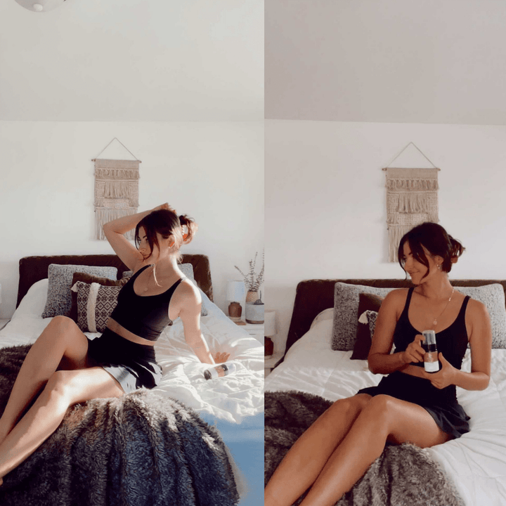 Two images of a woman sitting on a bed, one with a self tanner applied and the other without, in a bedroom setting.