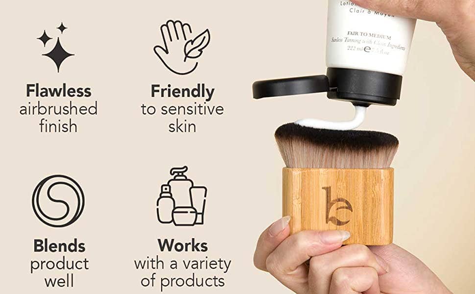 Self Tanner Blending Body Brush with a wooden handle held by a hand, with text highlighting features on a beige background.