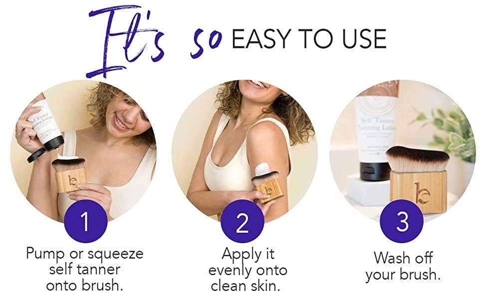 Step-by-step guide on using a self Tanner blending bursh with images and text.