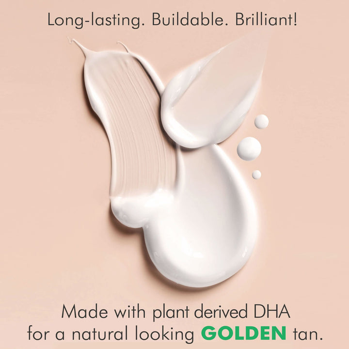 White cream swatches on a beige background with text about plant-derived DHA for a natural tan.