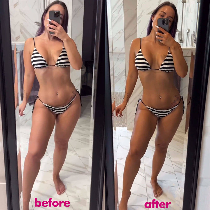 Before and after comparison of a person wearing a black and white striped bikini in a bathroom.
