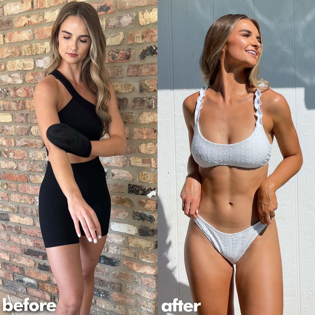 Before and after comparison of a woman in black athletic wear against a brick wall, transitioning to a gray bikini against a plain background.