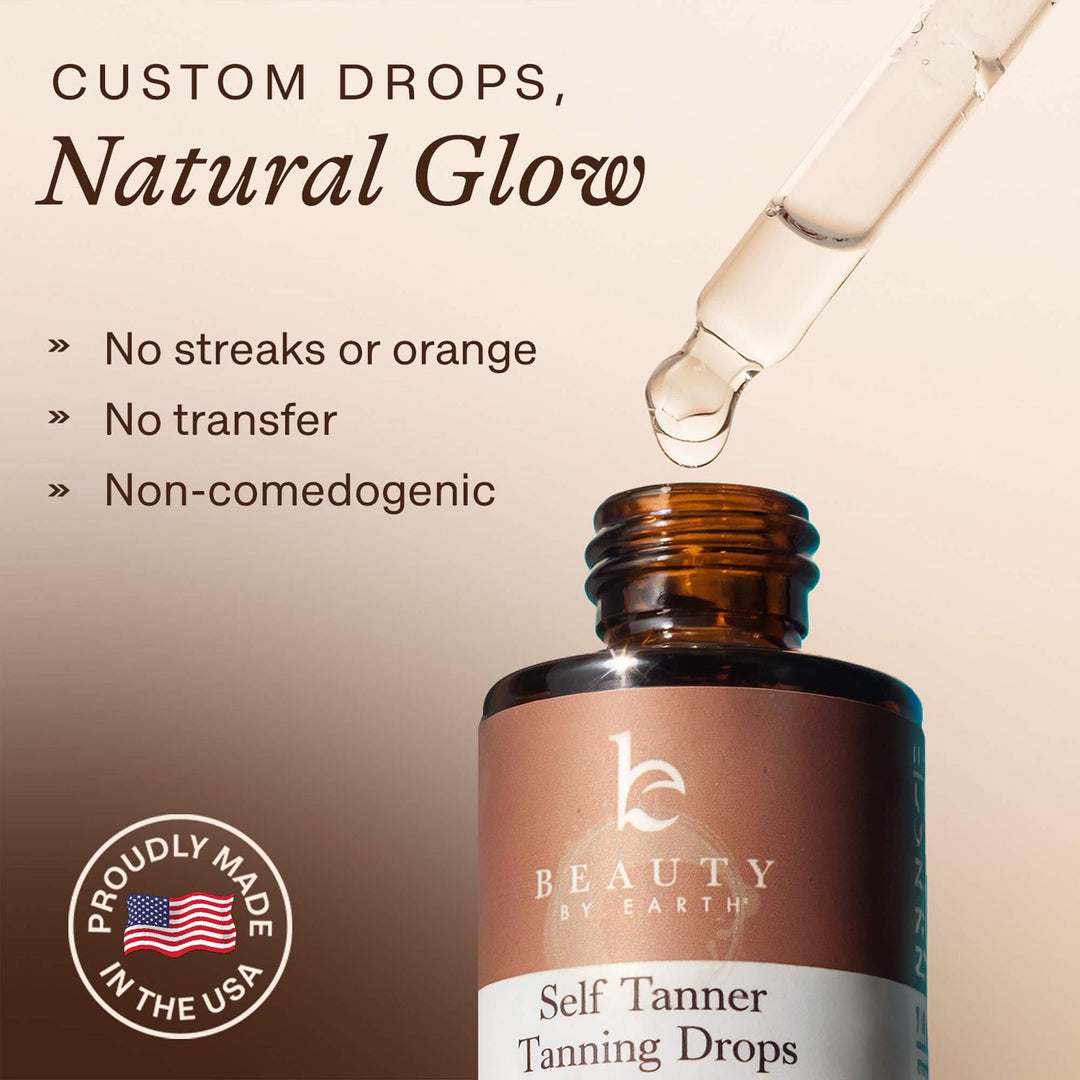 Brown bottle of Beauty by Earth self Tanner tanning drops with dropper on beige background