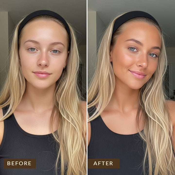 Before and after tan comparison of a woman with long blonde hair, wearing a black headband and tank top.