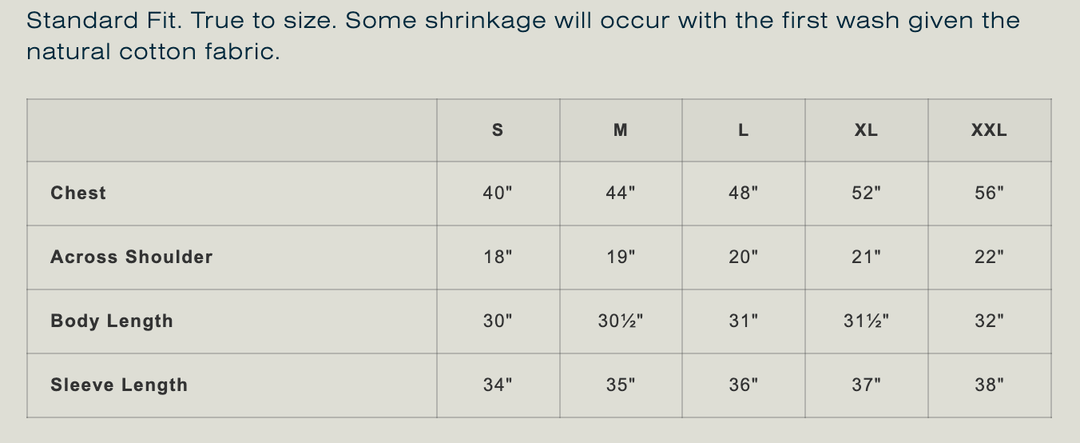A size chart table for a standard fit garment, showing measurements for S, M, L, XL, and XXL in inches for chest, across shoulder, body length, and sleeve length.