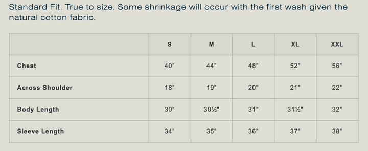 A size chart table for a standard fit garment, showing measurements for S, M, L, XL, and XXL in inches for chest, across shoulder, body length, and sleeve length.