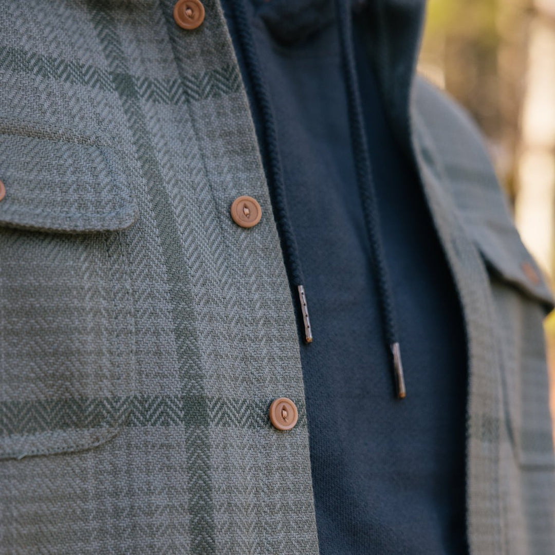 Close-up of a person wearing a lichen plaid flannel over a navy hoodie, with visible brown buttons and dark drawstrings.