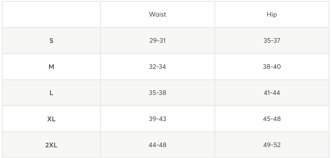A size chart table showing waist and hip measurements by size category S, M, L, XL, and 2XL.