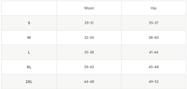 A size chart table showing waist and hip measurements by size category S, M, L, XL, and 2XL.