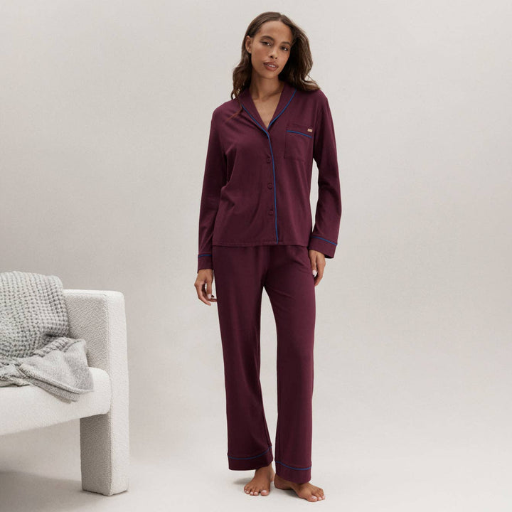 Slumberknit™ Shawl Collar Button Down Pant Set | Calliope Wine & Royal Lagoon - Echo Market